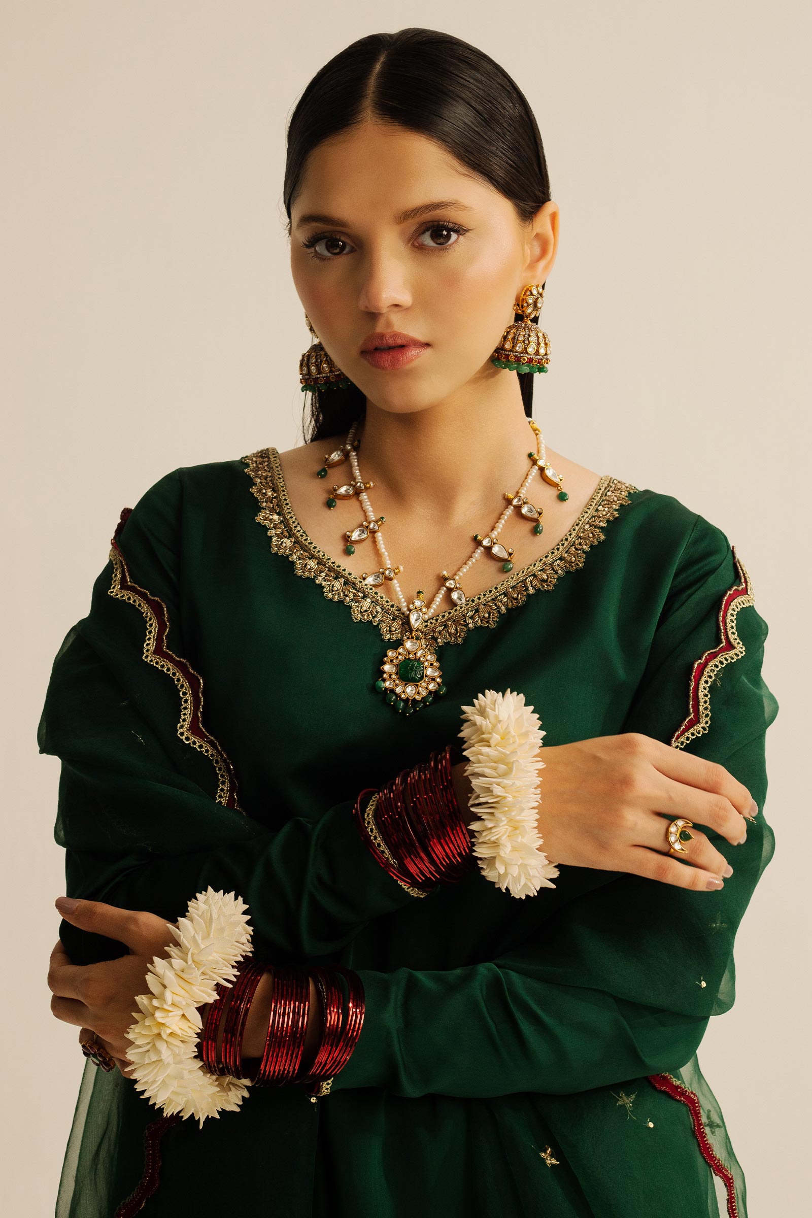 Pakistani Bottle Green Zardozi Charmeuse Silk Salwar Kameez (3-Piece) - Image 2