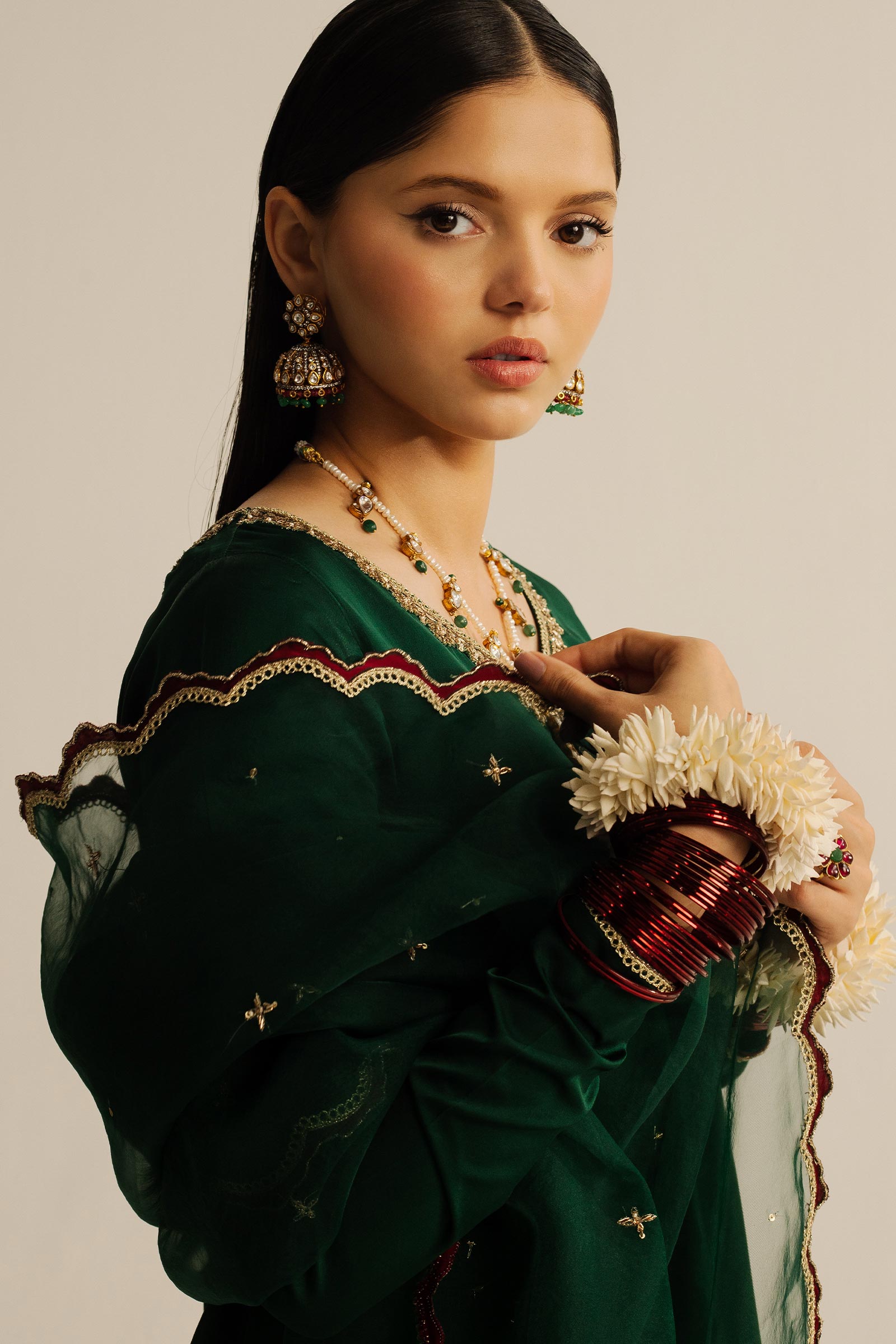 Pakistani Bottle Green Zardozi Charmeuse Silk Salwar Kameez (3-Piece) - Image 3