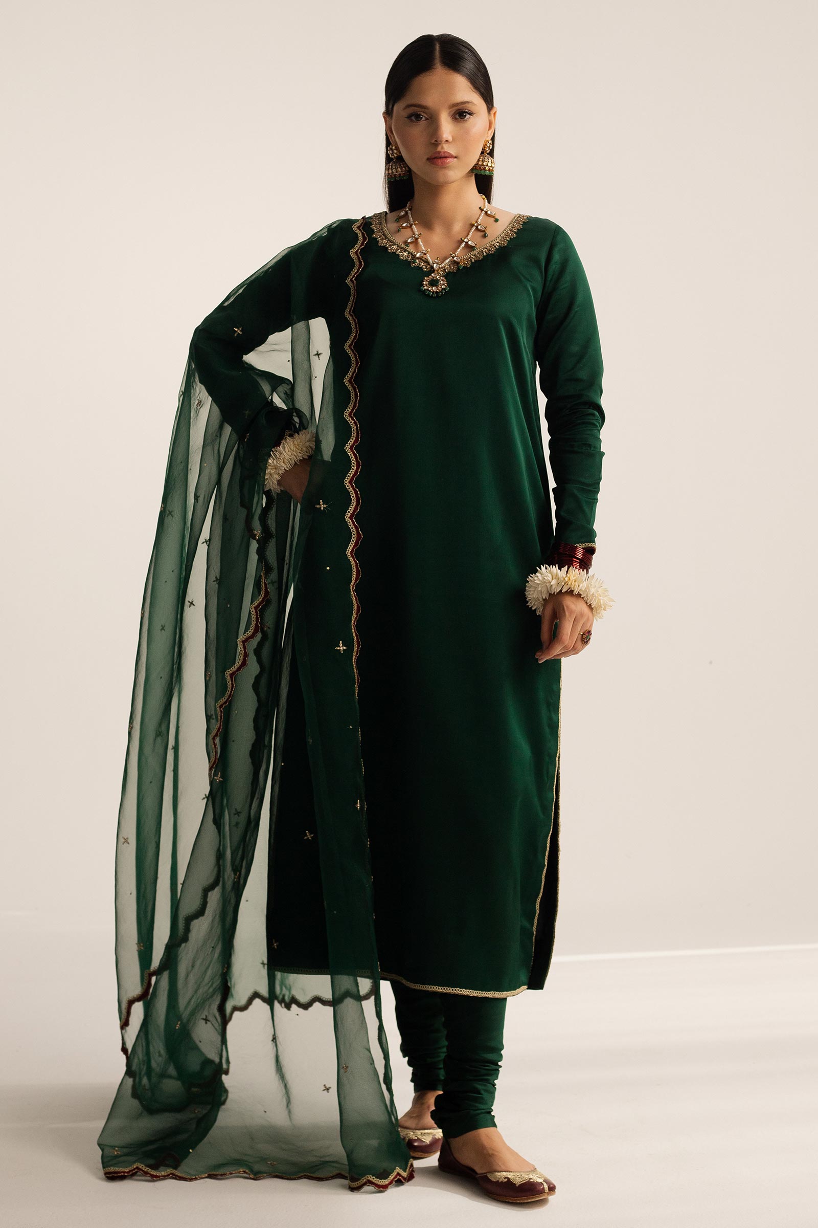 Pakistani Bottle Green Zardozi Charmeuse Silk Salwar Kameez (3-Piece) - Image 4