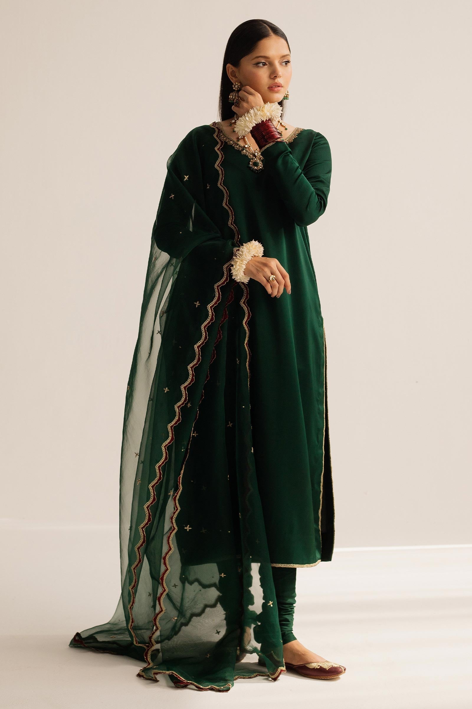 Pakistani Bottle Green Zardozi Charmeuse Silk Salwar Kameez (3-Piece) - Image 5