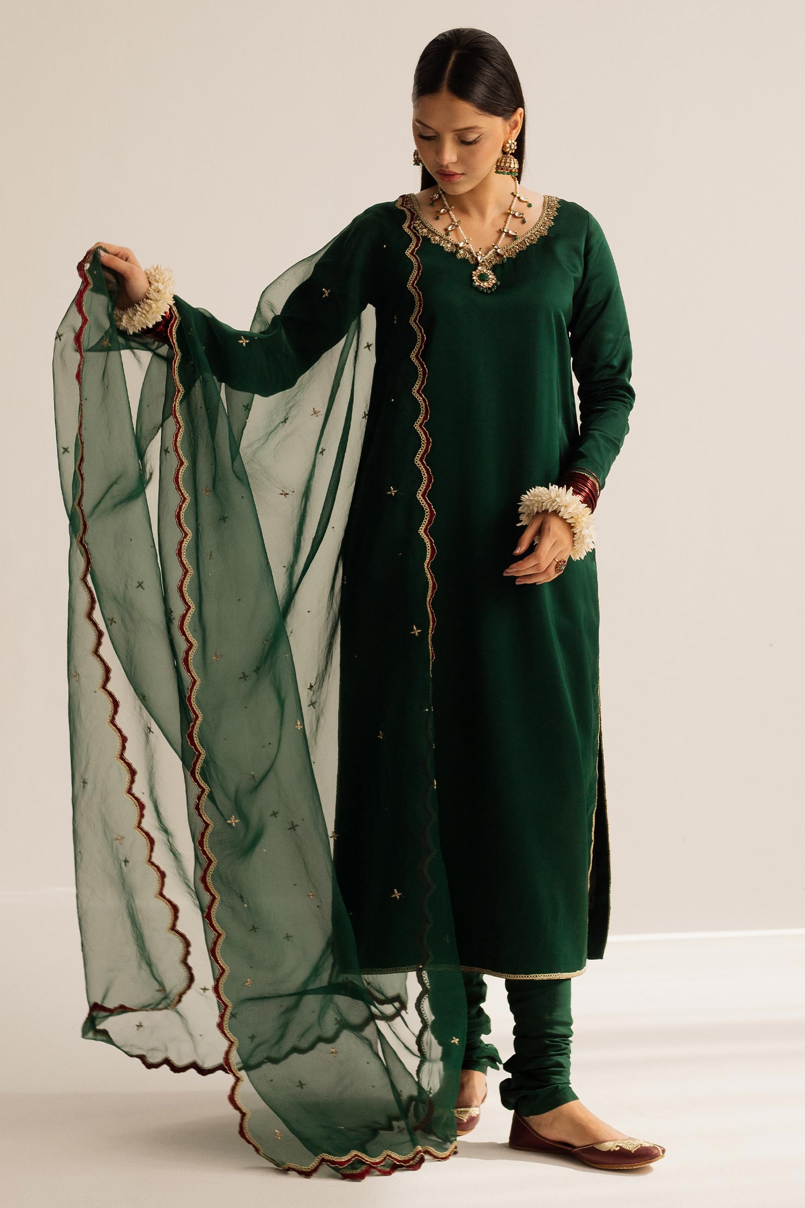 Pakistani Bottle Green Zardozi Charmeuse Silk Salwar Kameez (3-Piece) - Image 6