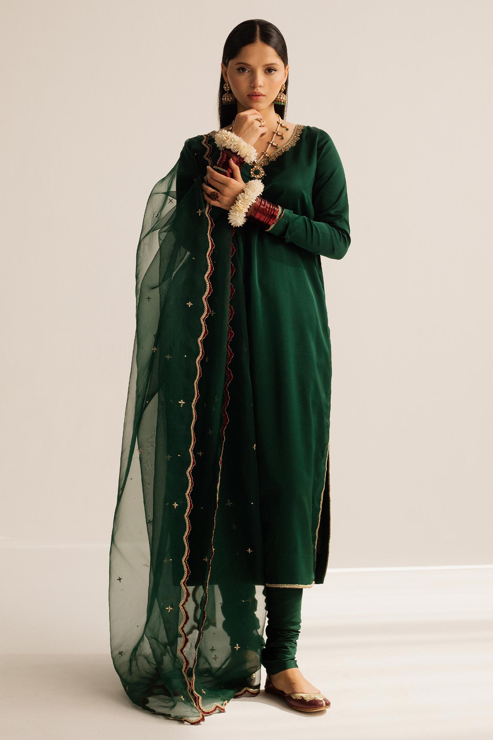 Pakistani Bottle Green Zardozi Charmeuse Silk Salwar Kameez (3-Piece) - Image 7