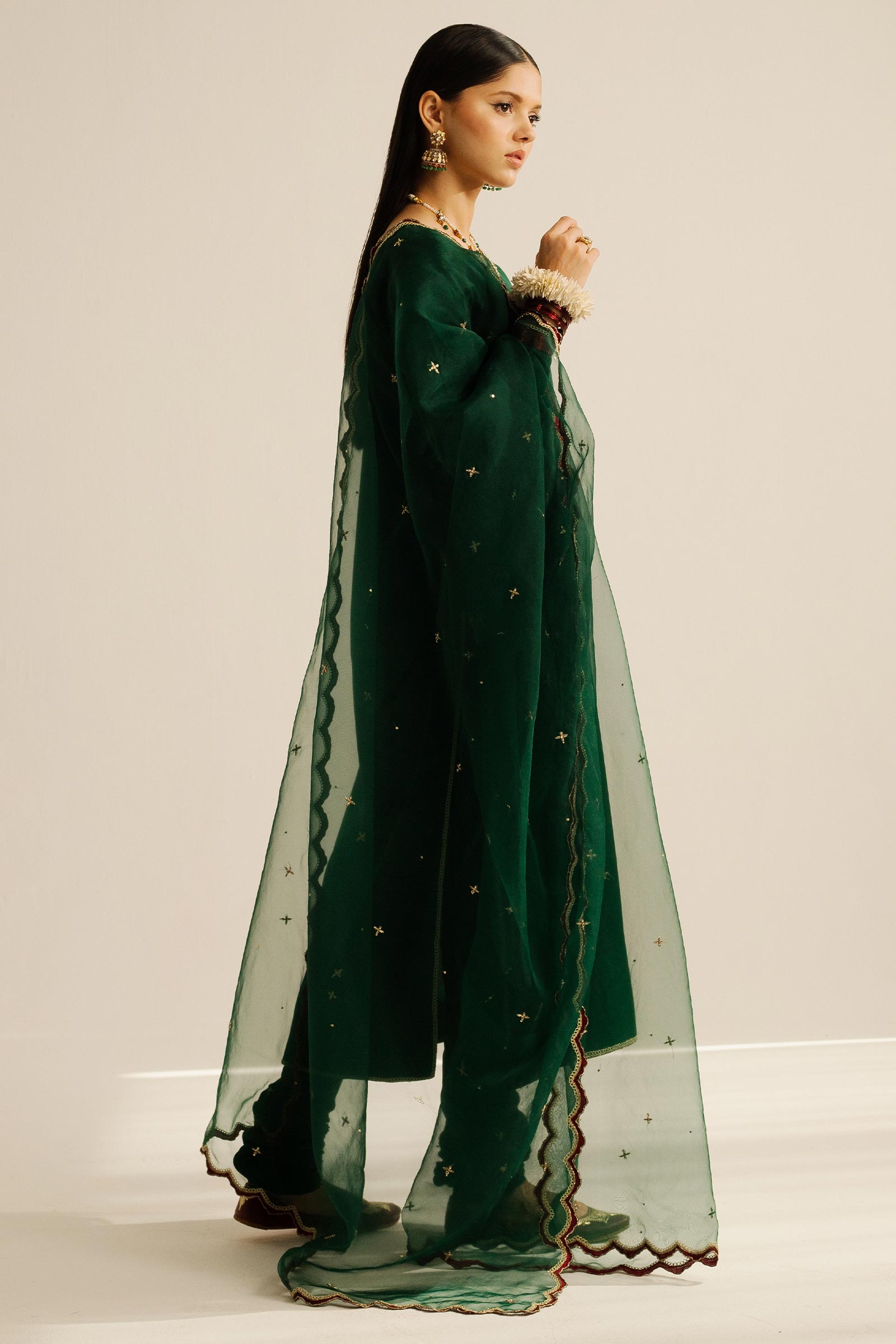 Pakistani Bottle Green Zardozi Charmeuse Silk Salwar Kameez (3-Piece) - Image 8