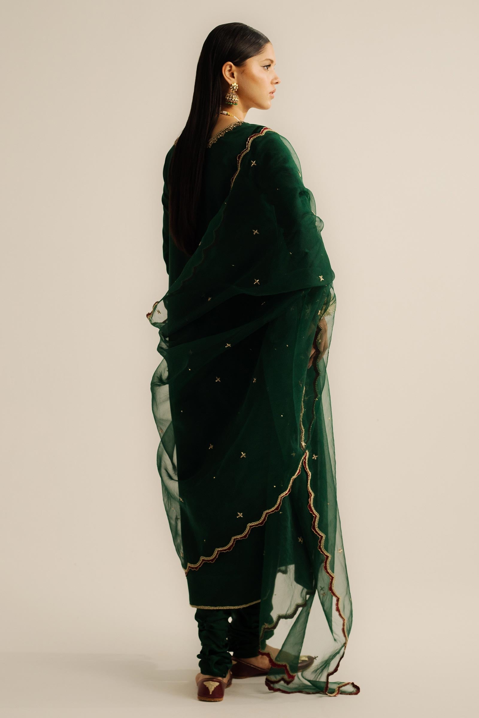 Pakistani Bottle Green Zardozi Charmeuse Silk Salwar Kameez (3-Piece) - Image 9