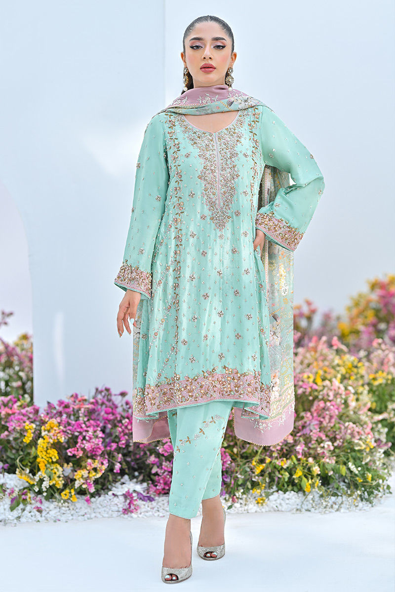 Mint Green Embellished Chiffon Salwar Kameez (3-Piece) - Image 1