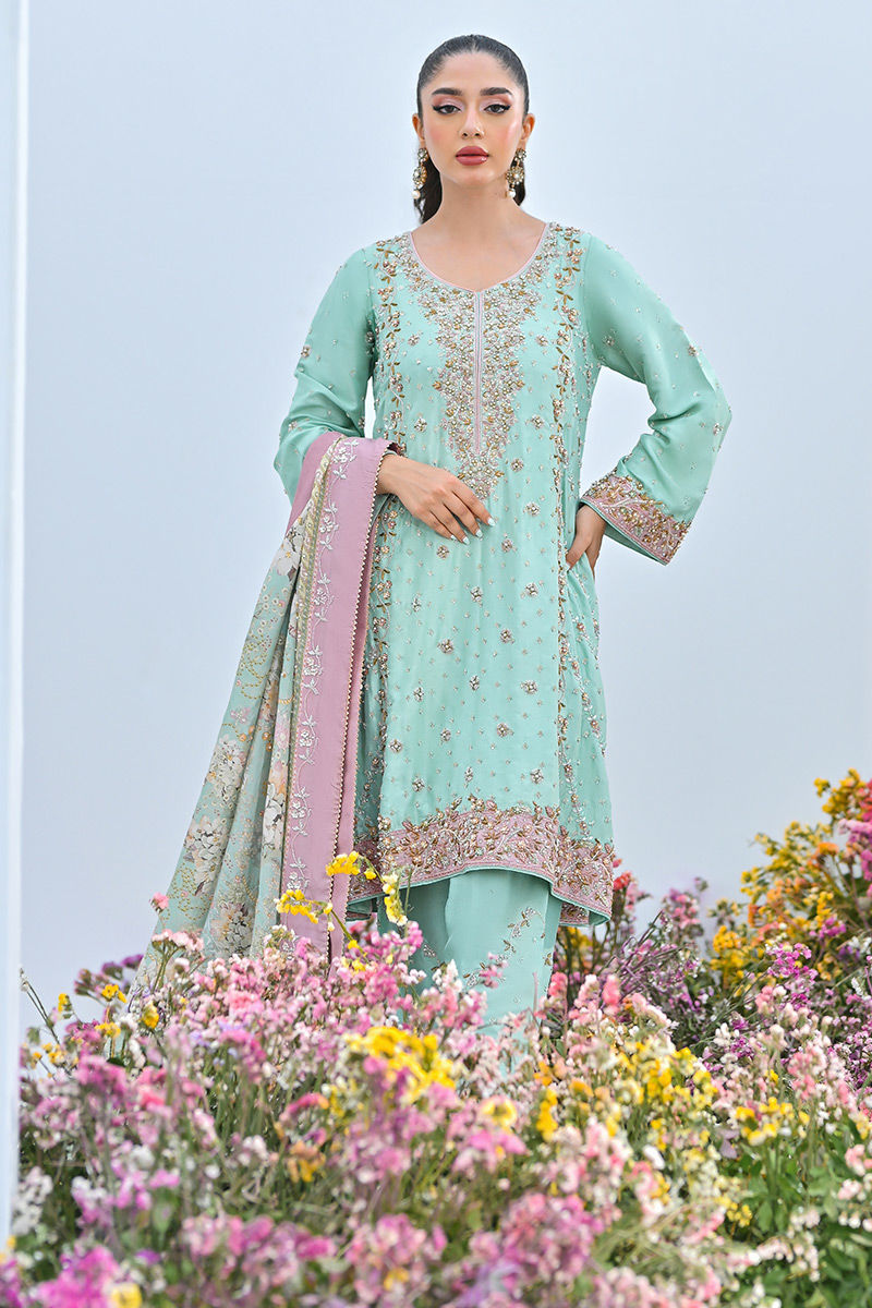 Mint Green Embellished Chiffon Salwar Kameez (3-Piece) - Image 2