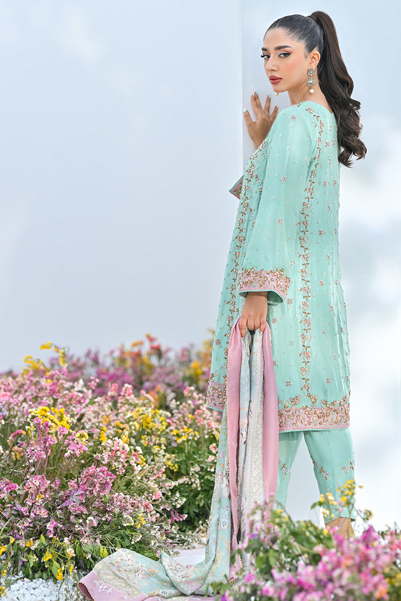 Mint Green Embellished Chiffon Salwar Kameez (3-Piece) - Image 3