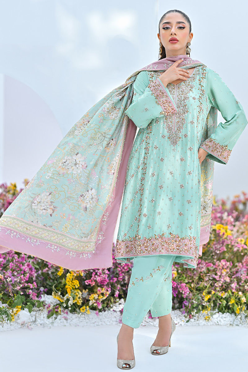 Mint Green Embellished Chiffon Salwar Kameez (3-Piece) - Image 4