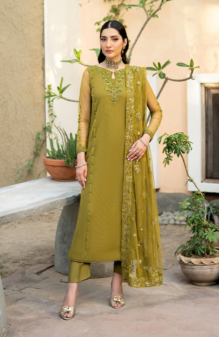 Pakistani Olive Hand-Embellished Chiffon Salwar Kameez (3-Piece) - Image 1