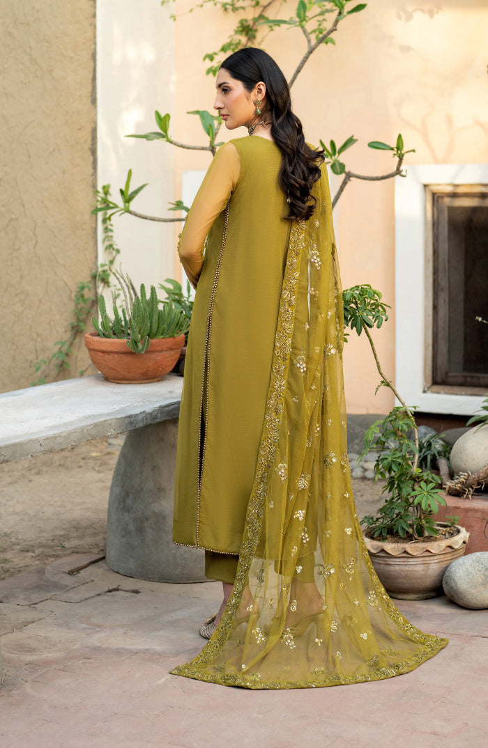 Pakistani Olive Hand-Embellished Chiffon Salwar Kameez (3-Piece) - Image 2