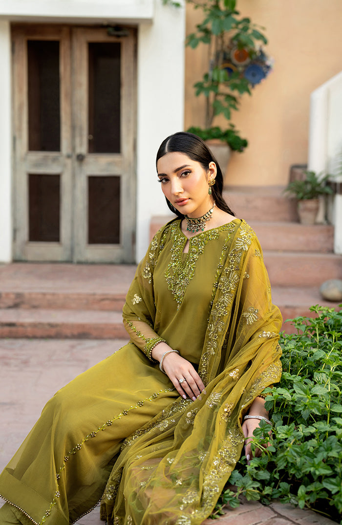 Pakistani Olive Hand-Embellished Chiffon Salwar Kameez (3-Piece) - Image 3