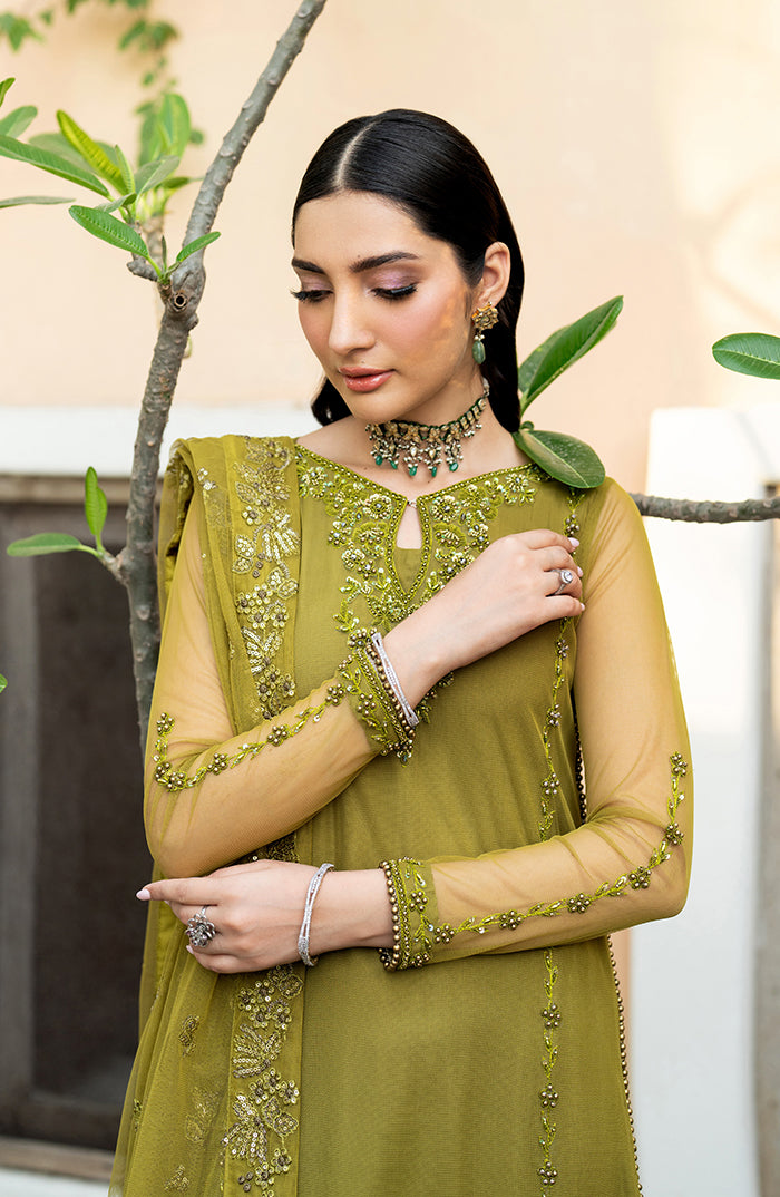 Pakistani Olive Hand-Embellished Chiffon Salwar Kameez (3-Piece) - Image 4