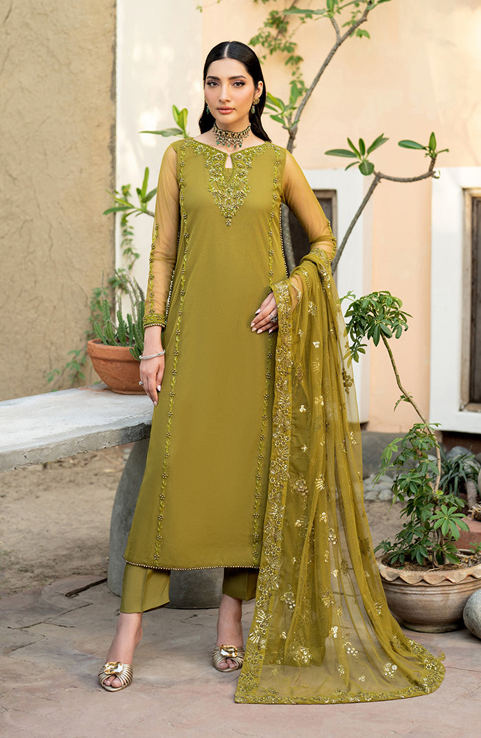 Pakistani Olive Hand-Embellished Chiffon Salwar Kameez (3-Piece) - Image 5