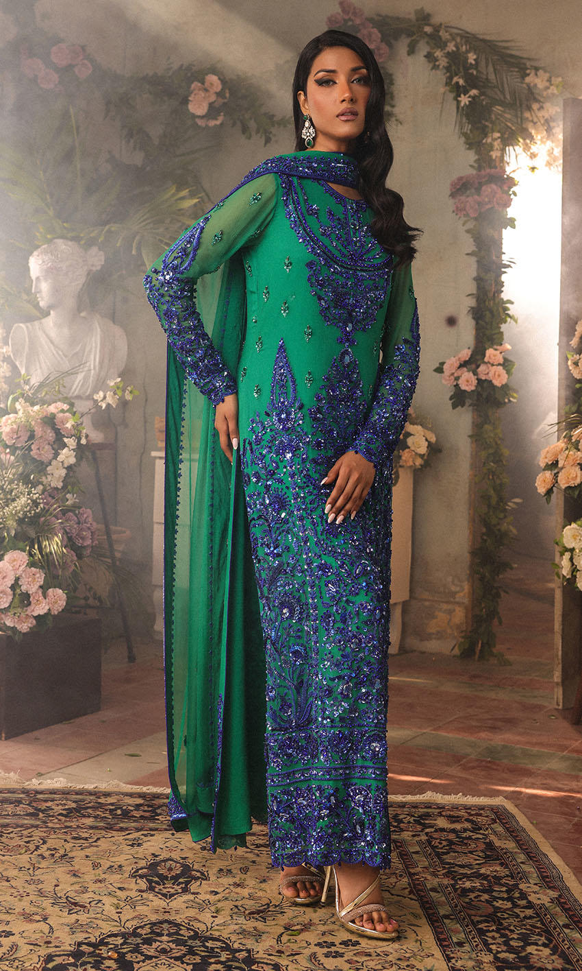 Pakistani Vivid Green Hand Embellished Chiffon Salwar Kameez (3-Piece) - Image 1