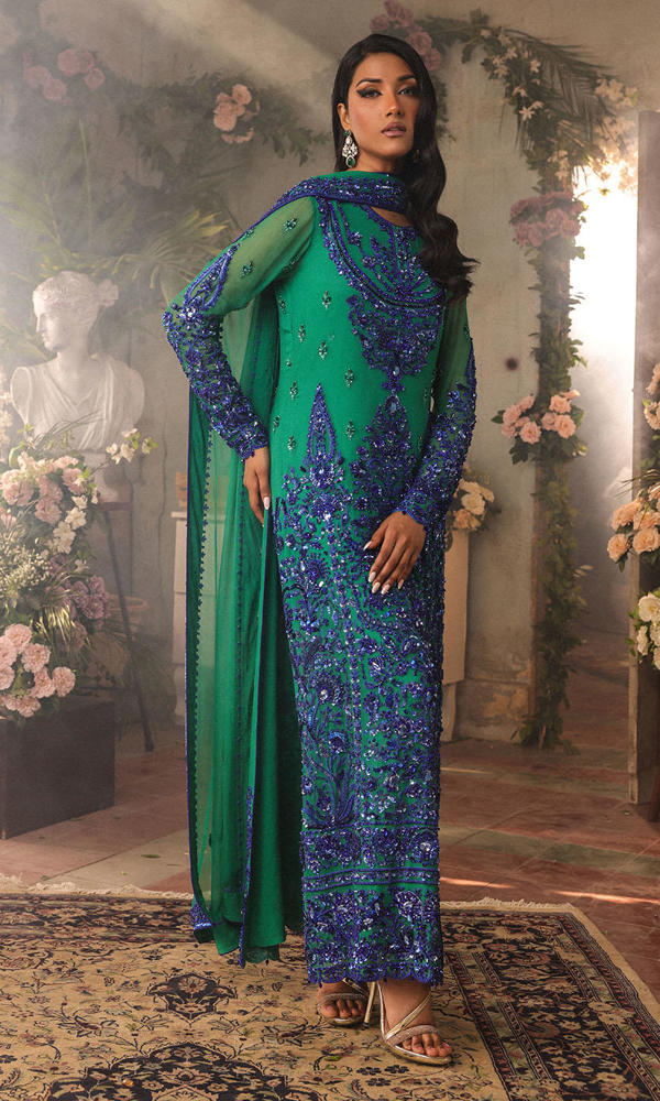 Pakistani Vivid Green Hand Embellished Chiffon Salwar Kameez (3-Piece) - Image 2