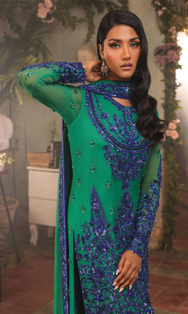 Pakistani Vivid Green Hand Embellished Chiffon Salwar Kameez (3-Piece) - Image 3