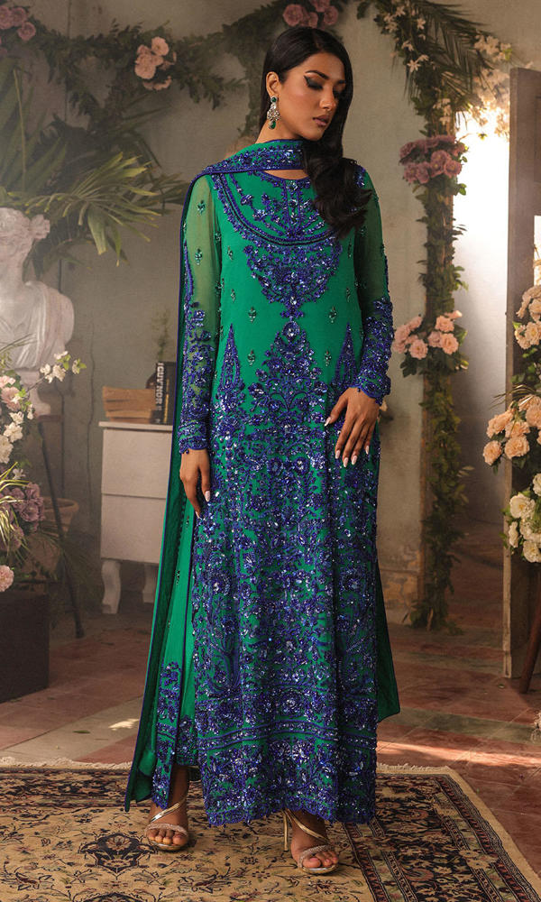 Pakistani Vivid Green Hand Embellished Chiffon Salwar Kameez (3-Piece) - Image 4