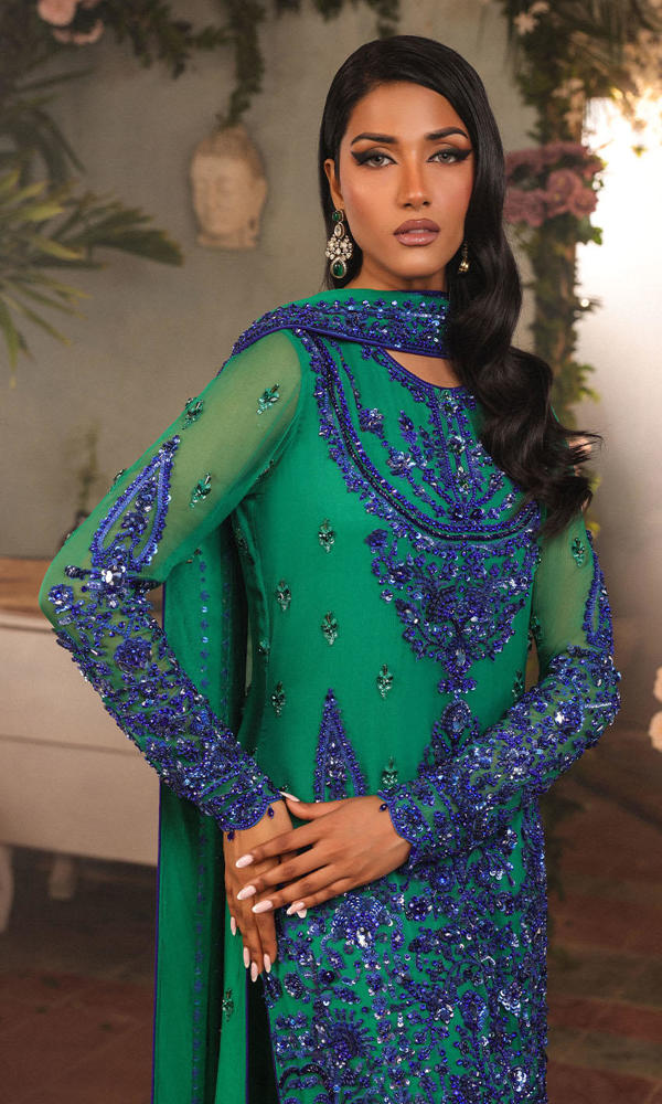 Pakistani Vivid Green Hand Embellished Chiffon Salwar Kameez (3-Piece) - Image 5