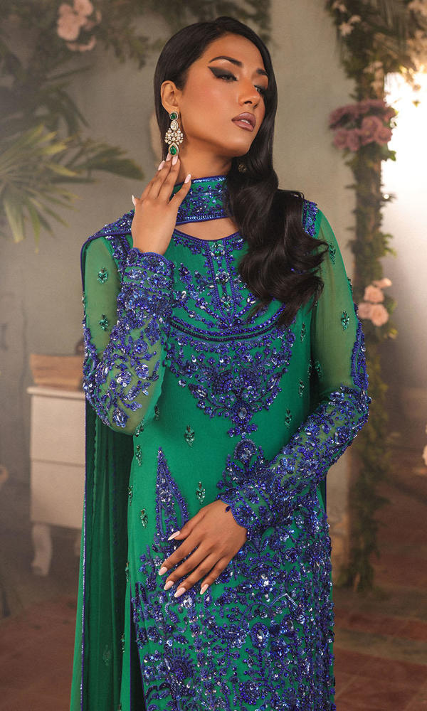 Pakistani Vivid Green Hand Embellished Chiffon Salwar Kameez (3-Piece) - Image 6