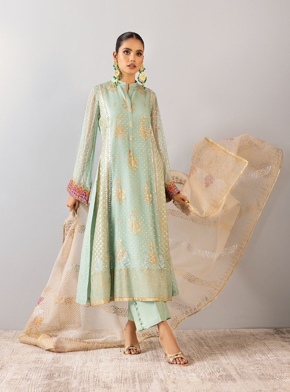 Mint Embroidered Chiffon Organza Salwar Kameez (3-Piece) - Image 1