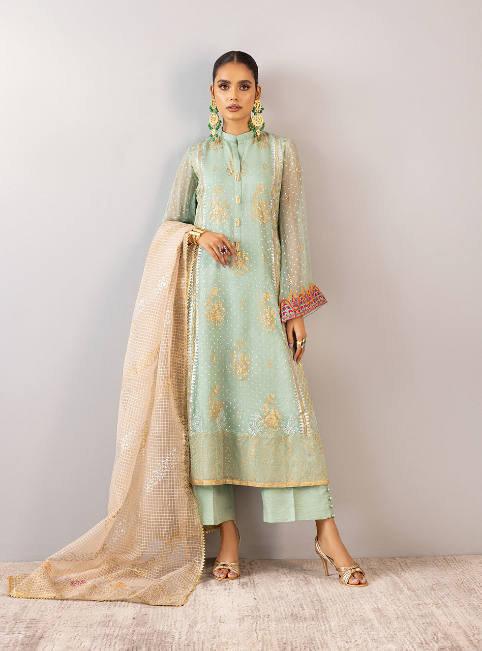 Mint Embroidered Chiffon Organza Salwar Kameez (3-Piece) - Image 10