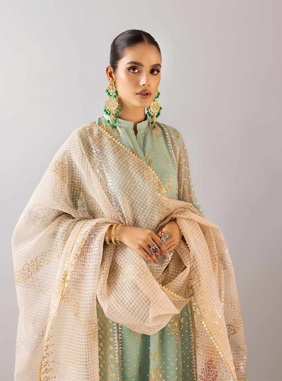 Mint Embroidered Chiffon Organza Salwar Kameez (3-Piece) - Image 2