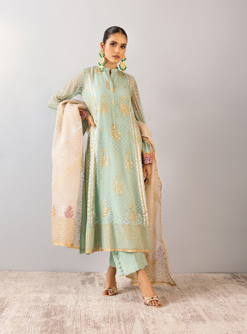 Mint Embroidered Chiffon Organza Salwar Kameez (3-Piece) - Image 4