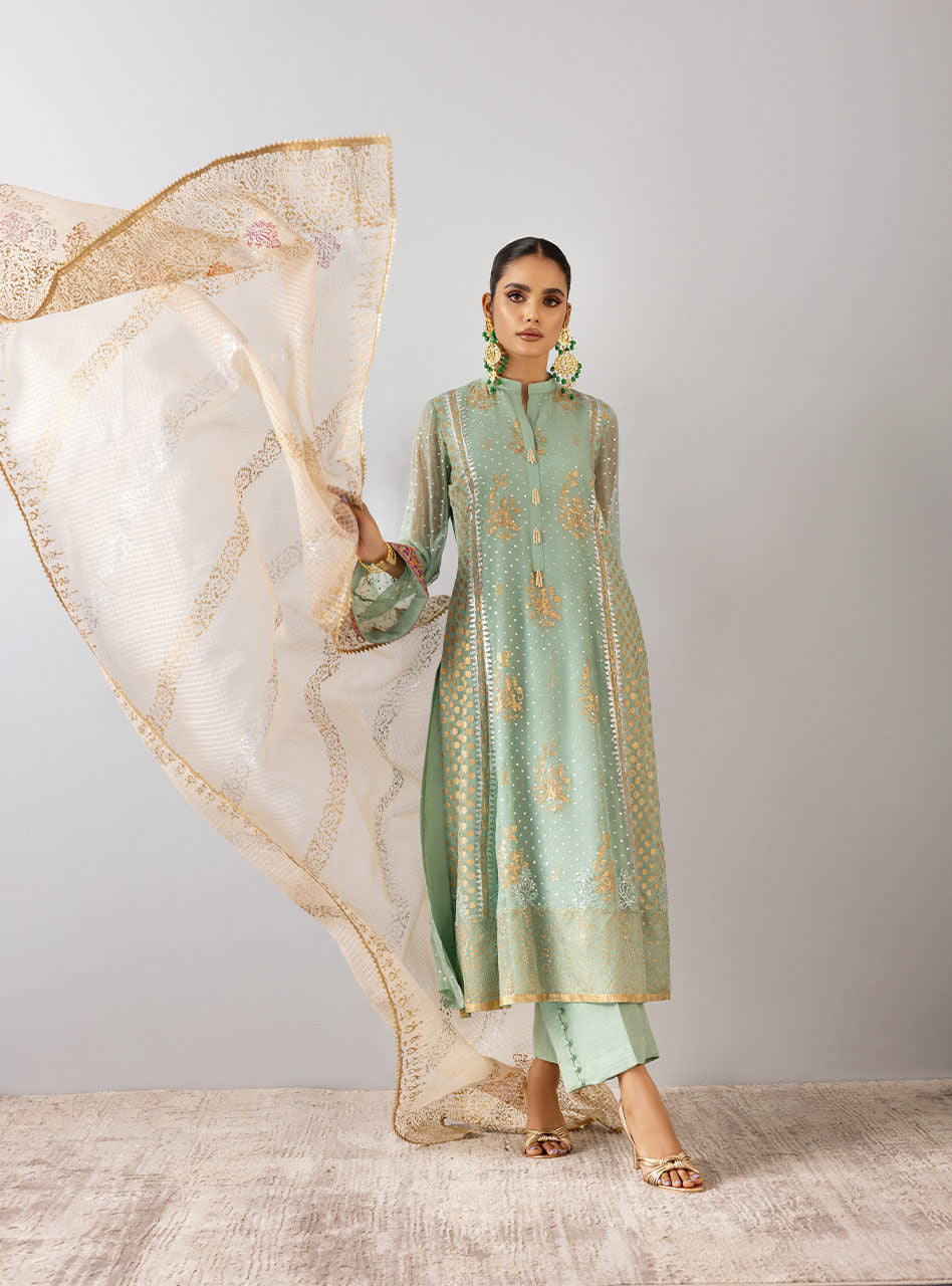 Mint Embroidered Chiffon Organza Salwar Kameez (3-Piece) - Image 5