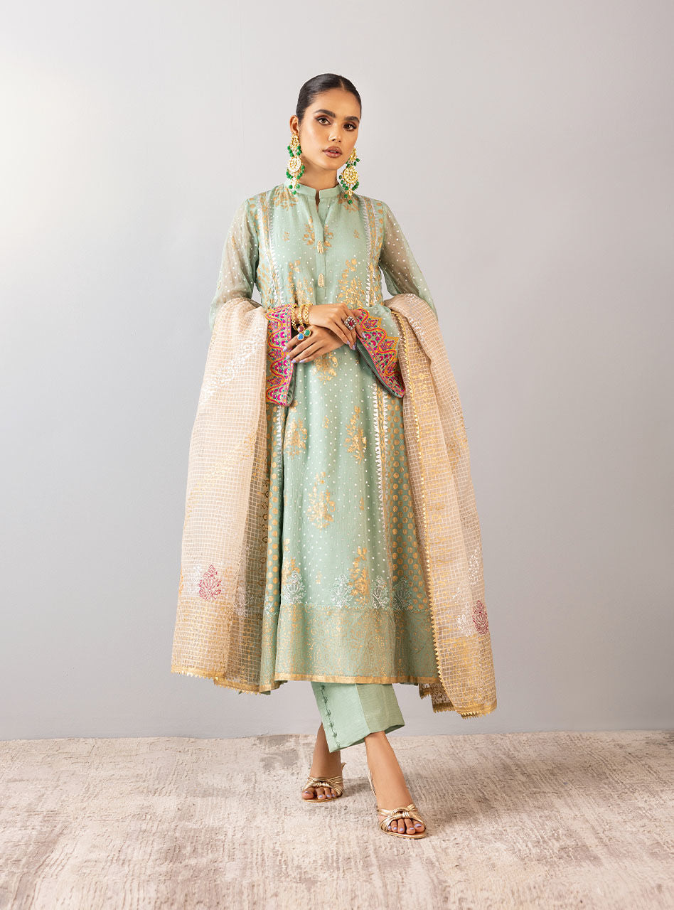 Mint Embroidered Chiffon Organza Salwar Kameez (3-Piece) - Image 6