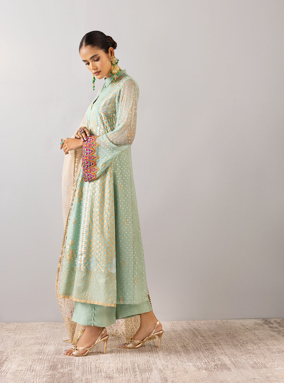 Mint Embroidered Chiffon Organza Salwar Kameez (3-Piece) - Image 7