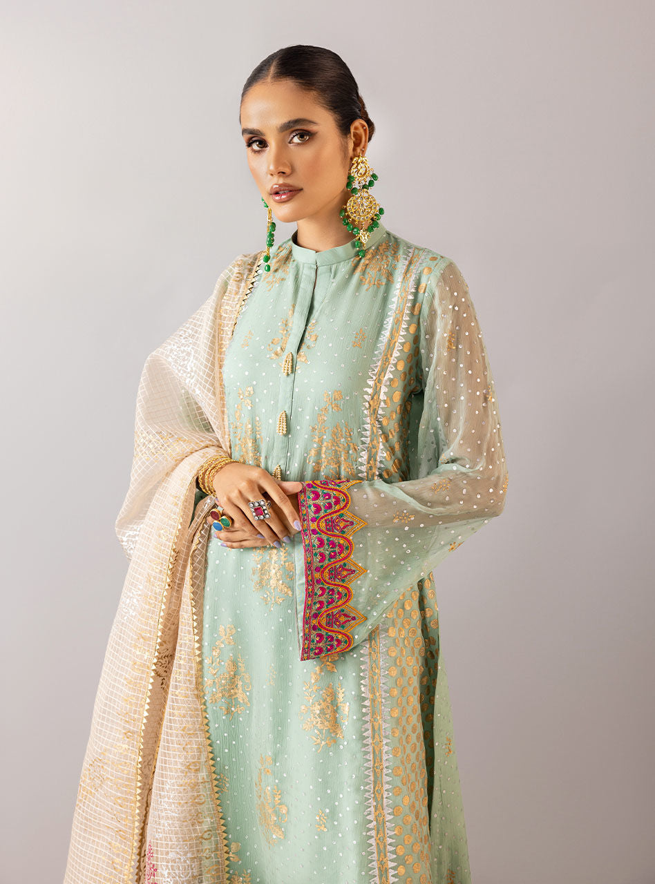 Mint Embroidered Chiffon Organza Salwar Kameez (3-Piece) - Image 9