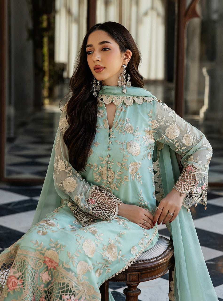 Mint Green Embroidered Chiffon Long Shirt (3-Piece) - Image 4