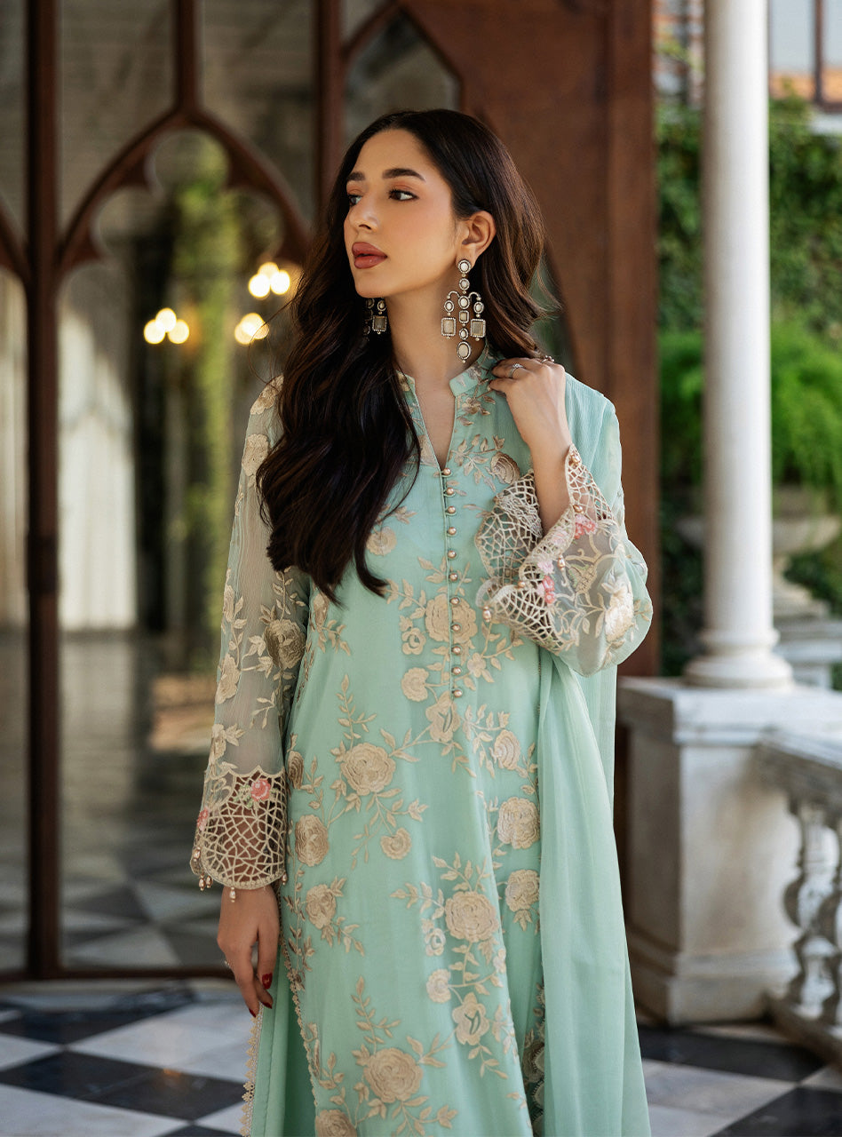 Mint Green Embroidered Chiffon Long Shirt (3-Piece) - Image 5