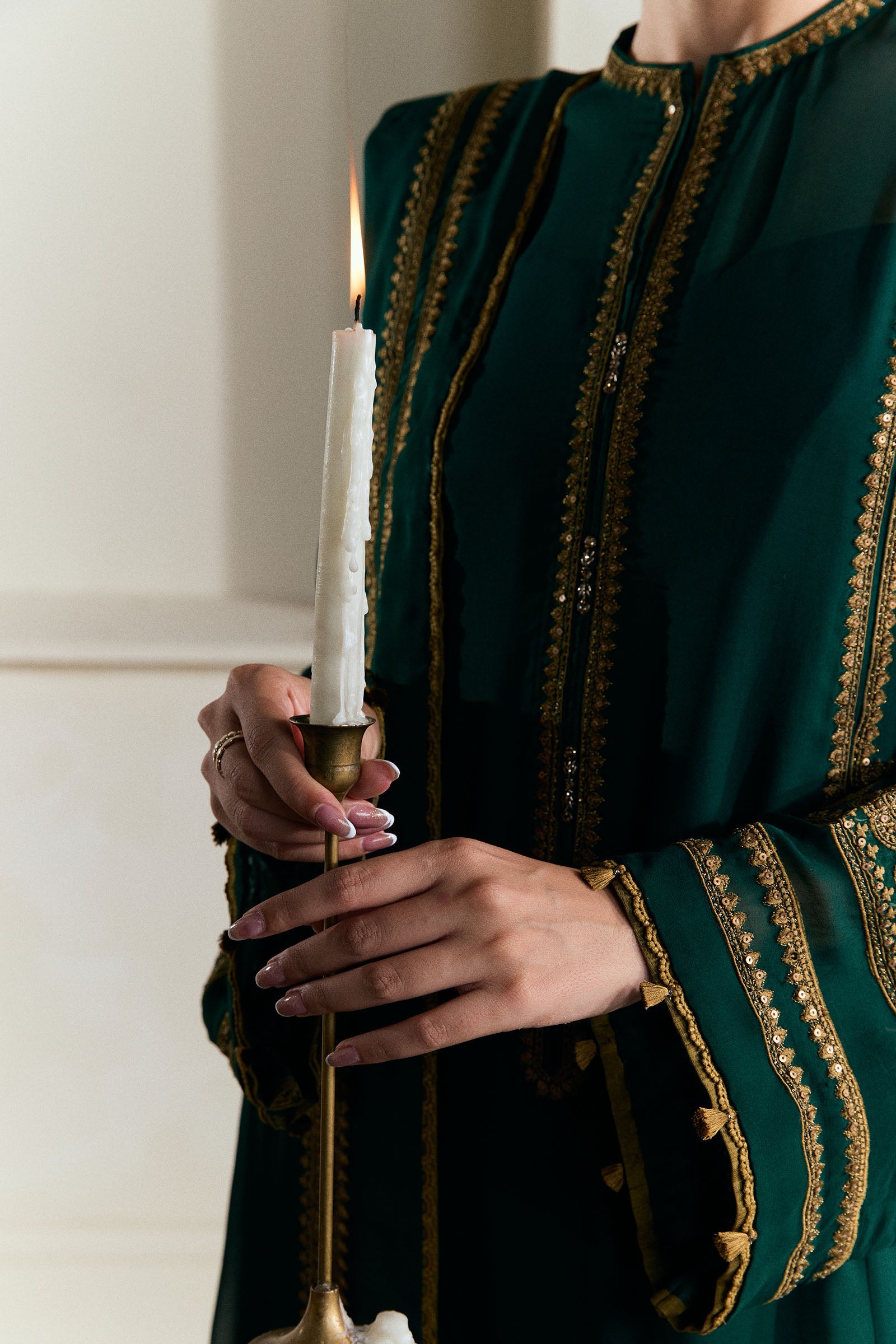 Deep Emerald Embroidered Chiffon Georgette Salwar Kameez (3-Piece) - Image 5