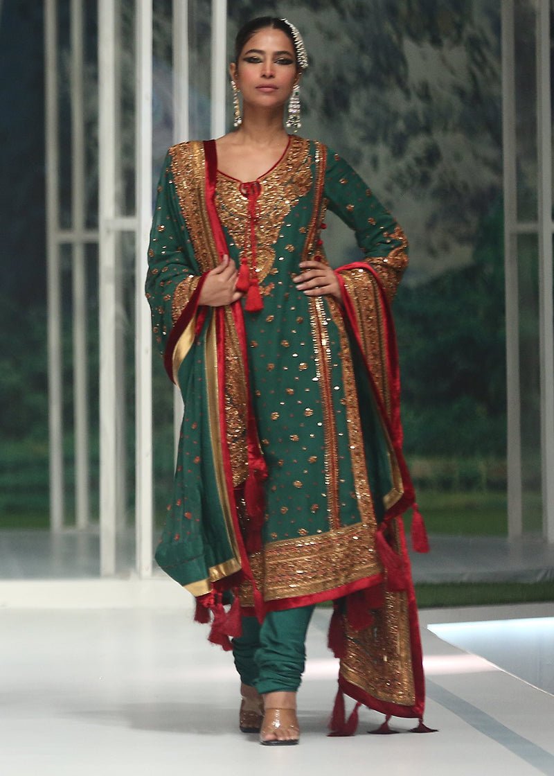 Deep Green Gold Embroidered Chiffon Salwar Kameez (3-Piece) - Image 1