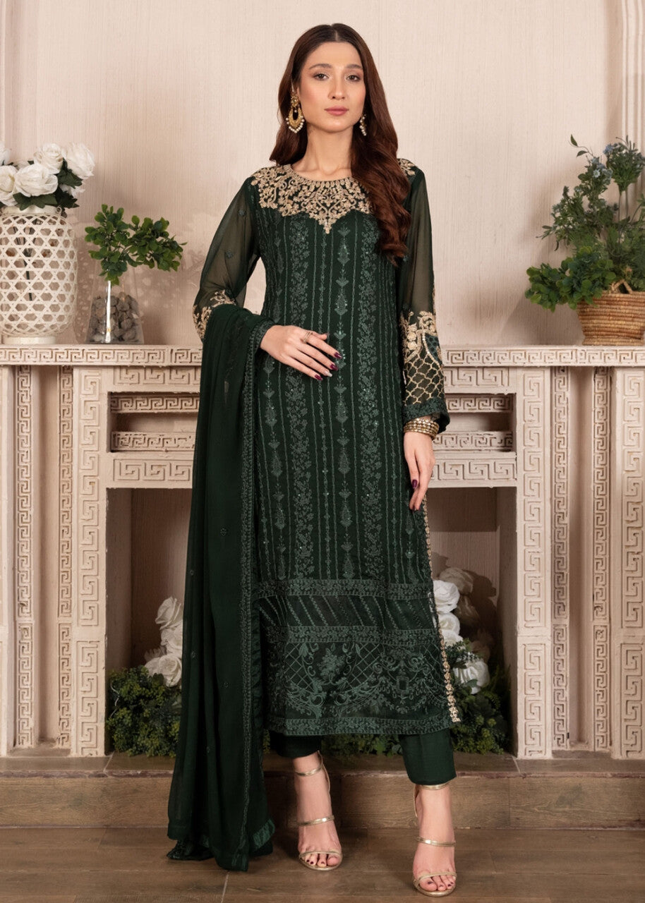 Dark Green Embroidered Chiffon Kurta Set (3-Piece) - Image 1