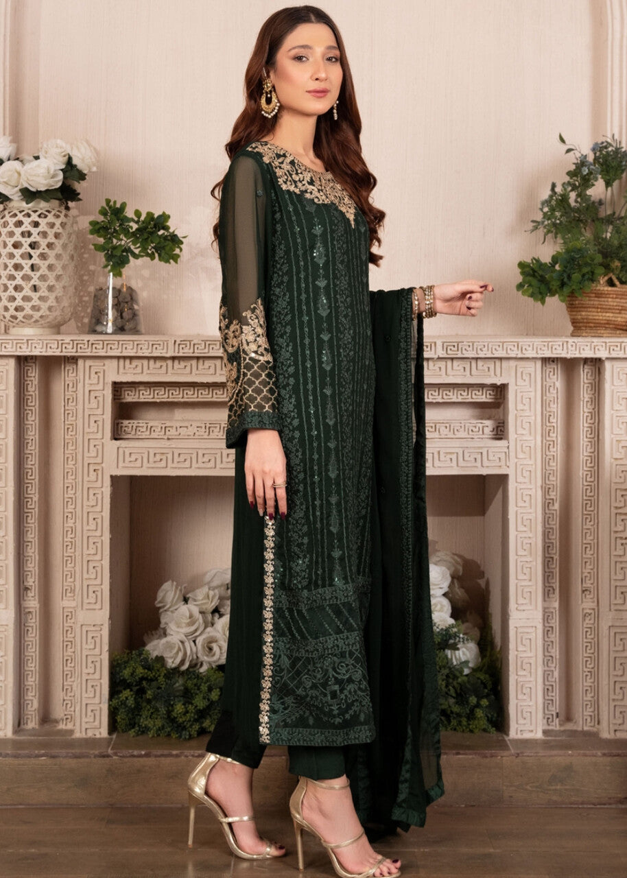 Dark Green Embroidered Chiffon Kurta Set (3-Piece) - Image 2