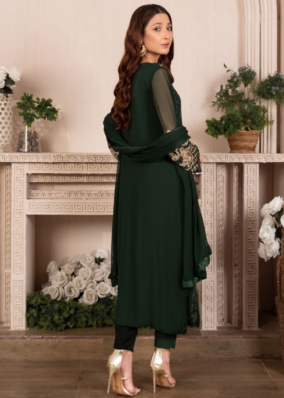 Dark Green Embroidered Chiffon Kurta Set (3-Piece) - Image 3
