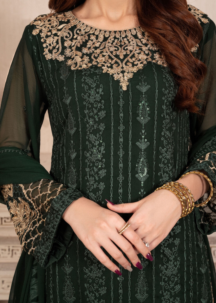 Dark Green Embroidered Chiffon Kurta Set (3-Piece) - Image 5