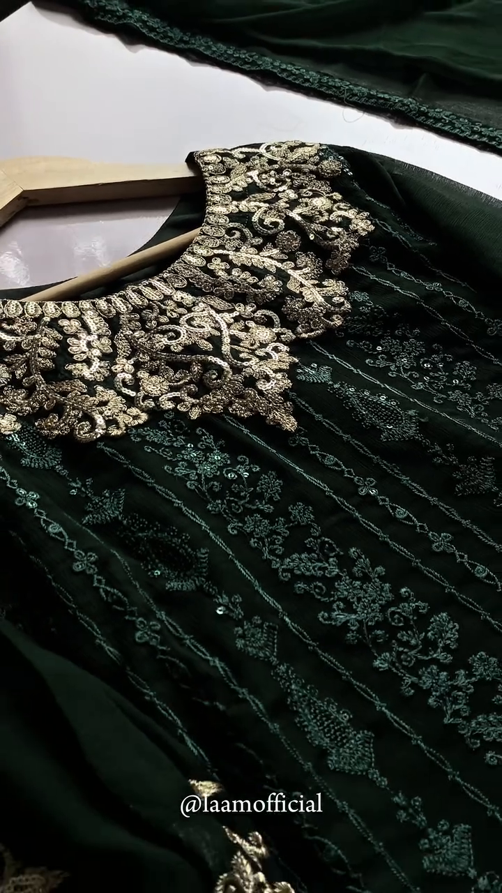 Dark Green Embroidered Chiffon Kurta Set (3-Piece) - Image 7