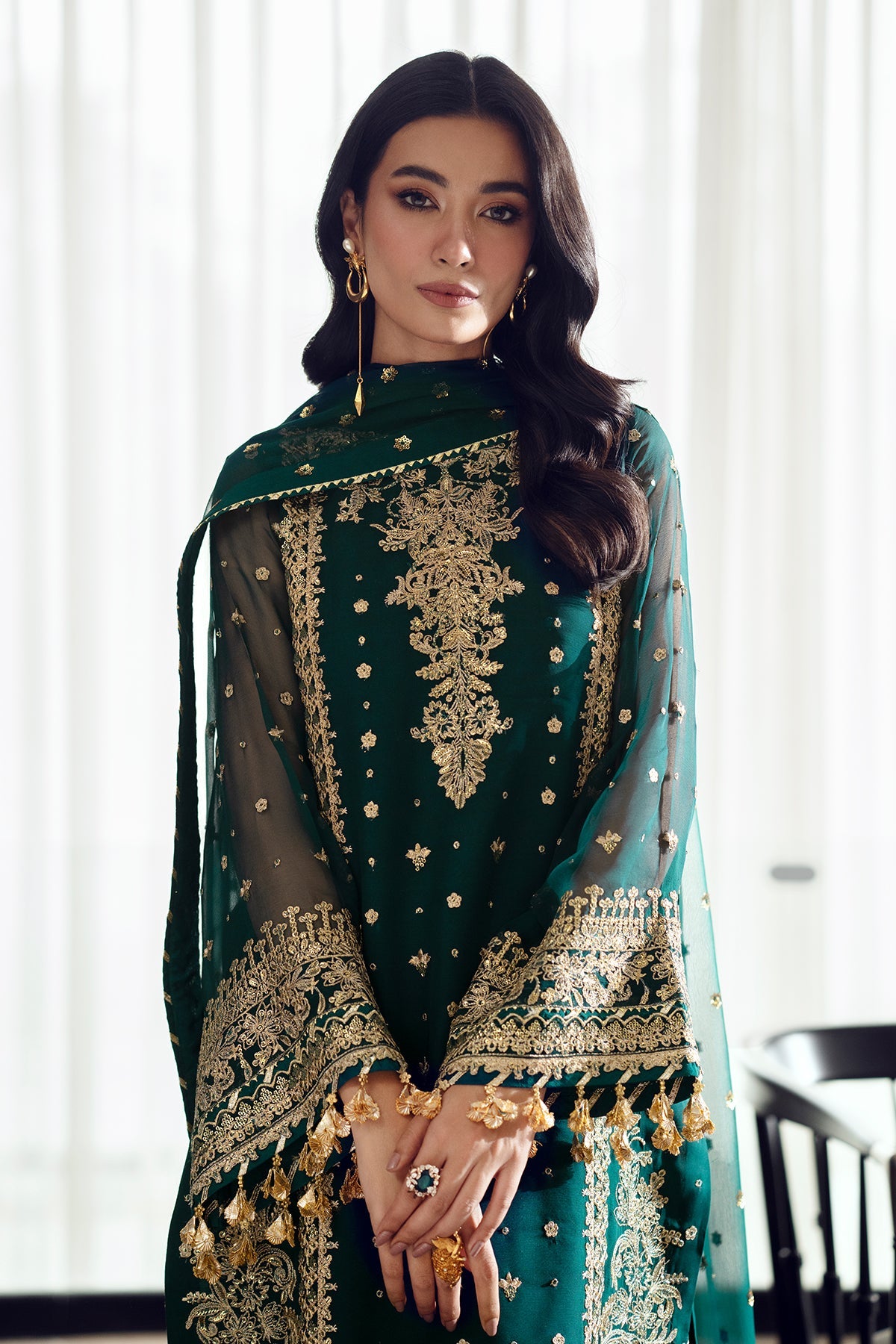Emerald Green Embroidered Chiffon Salwar Kameez (3-Piece) - Image 5
