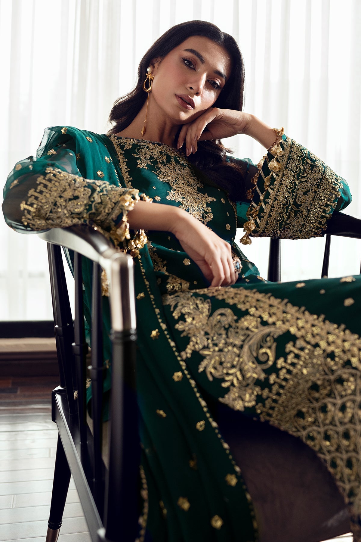 Emerald Green Embroidered Chiffon Salwar Kameez (3-Piece) - Image 6