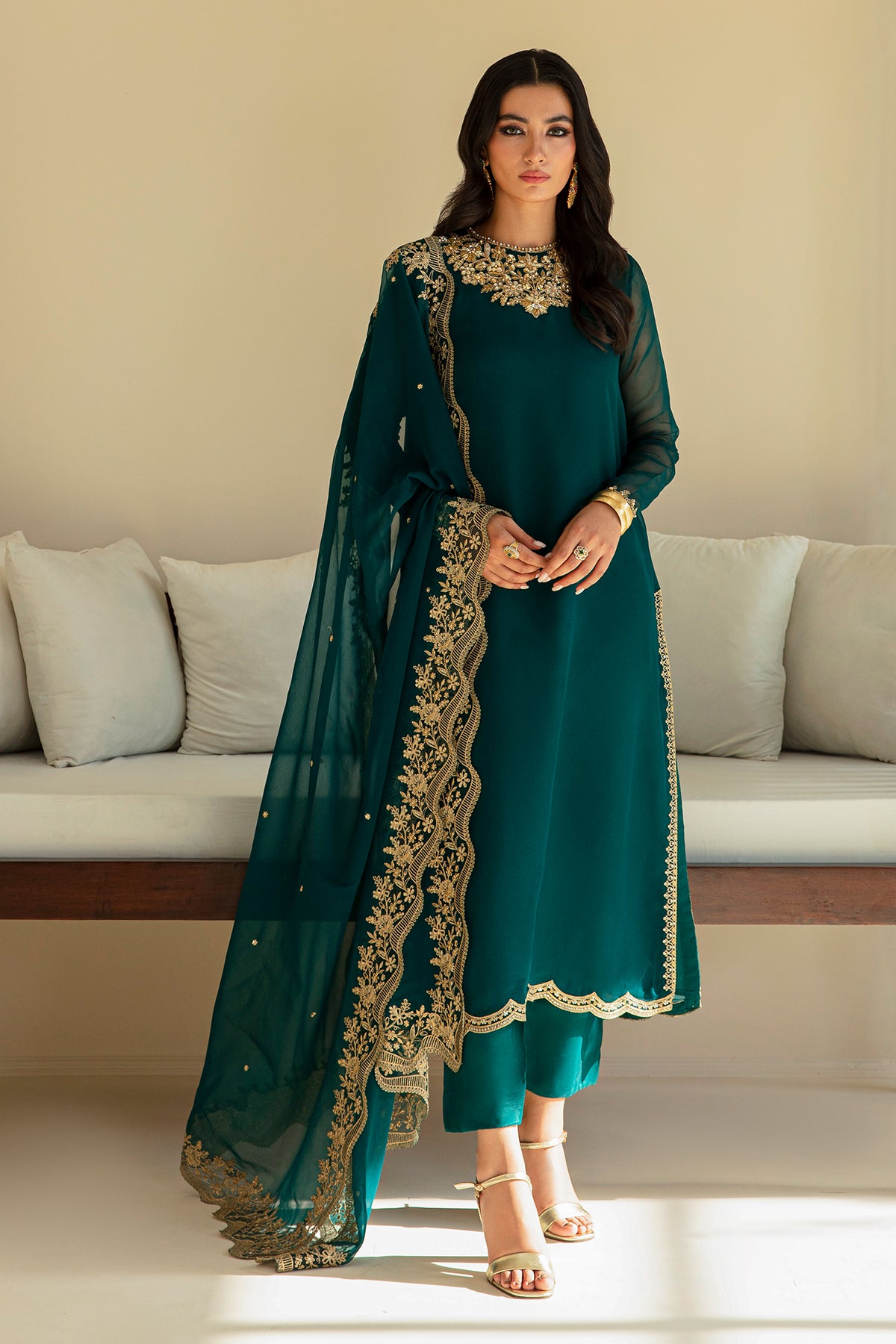 Emerald Green Embroidered Chiffon 3-Piece Suit - Image 1