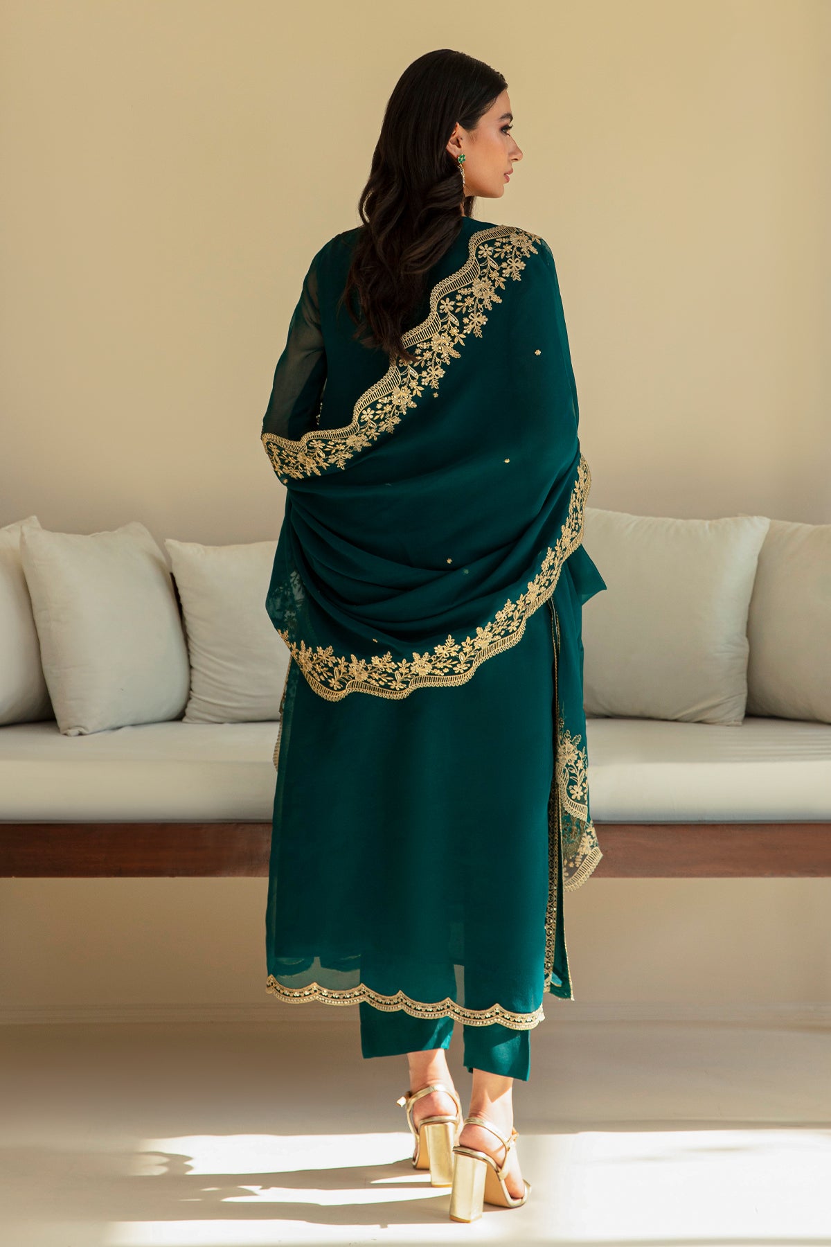 Emerald Green Embroidered Chiffon 3-Piece Suit - Image 2