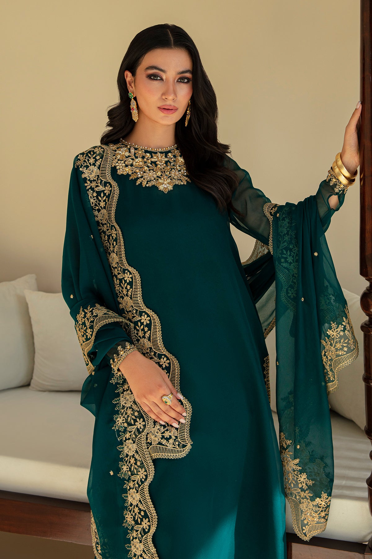 Emerald Green Embroidered Chiffon 3-Piece Suit - Image 3