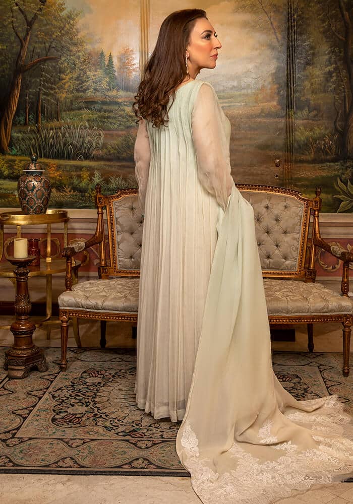 Mint Embellished Chiffon Salwar Kameez (3-Piece) - Image 4