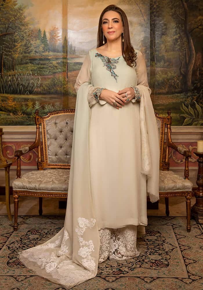 Mint Embellished Chiffon Salwar Kameez (3-Piece) - Image 5