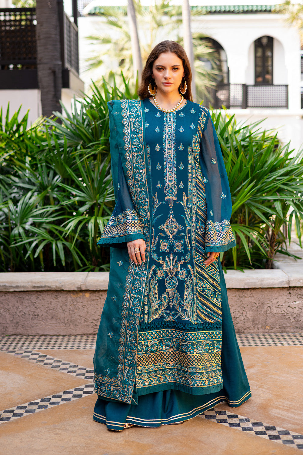 Pakistani Teal Embroidered Chiffon & Organza Salwar Kameez (3-Piece) - Image 1