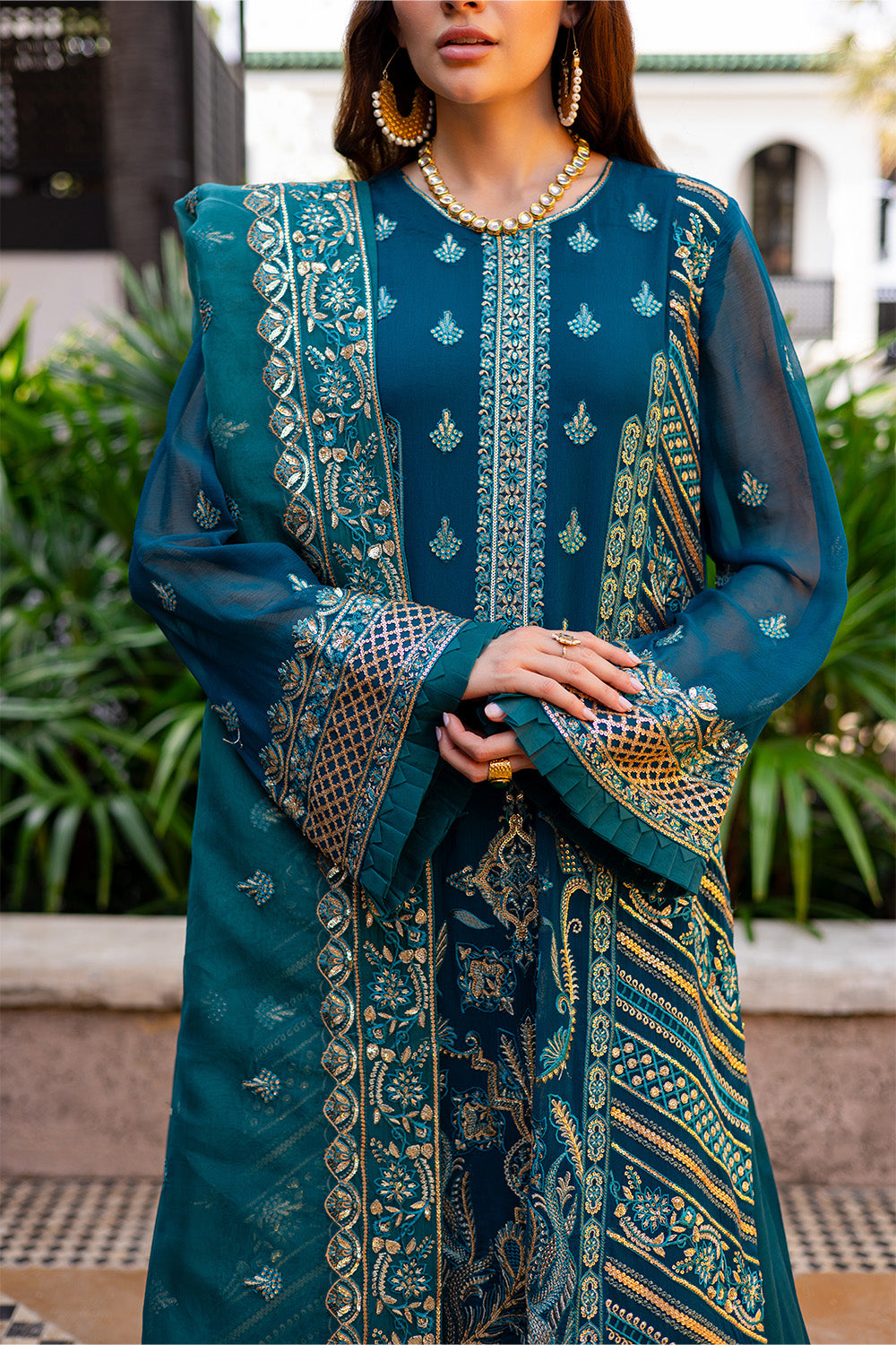 Pakistani Teal Embroidered Chiffon & Organza Salwar Kameez (3-Piece) - Image 2