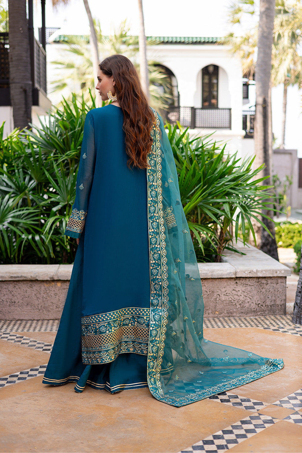 Pakistani Teal Embroidered Chiffon & Organza Salwar Kameez (3-Piece) - Image 3